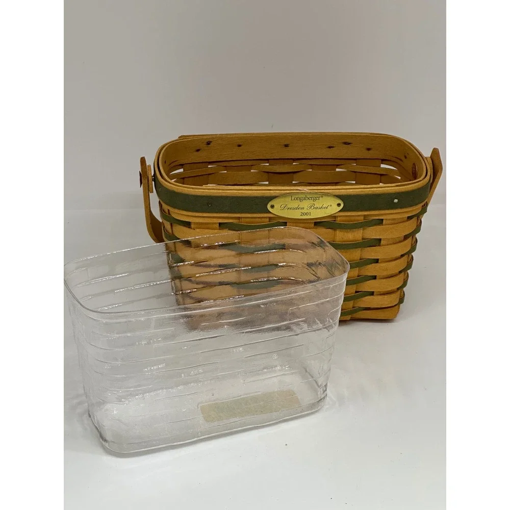 VTG Longaberger Dresden Basket 2001 Woven Wood Green Trim Small Handled Decor